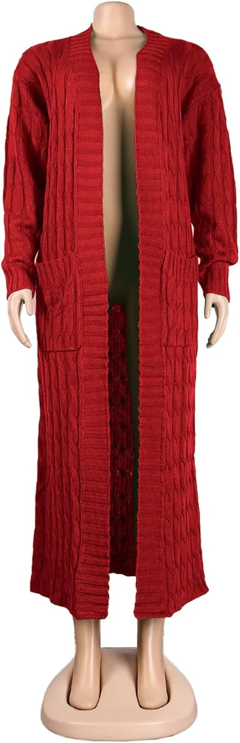 Women's Cable Knit Maxi Cardigan Long Cardigan Sweater Open Front Chunky Knitwear Coat with Pockets