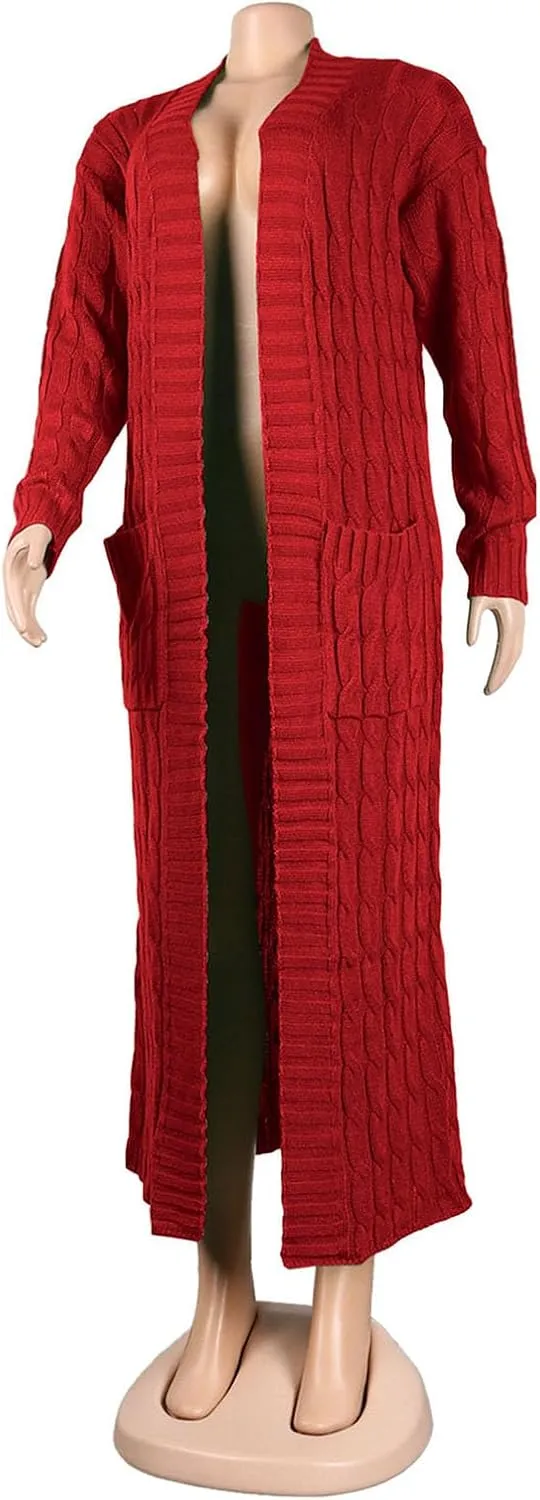 Women's Cable Knit Maxi Cardigan Long Cardigan Sweater Open Front Chunky Knitwear Coat with Pockets