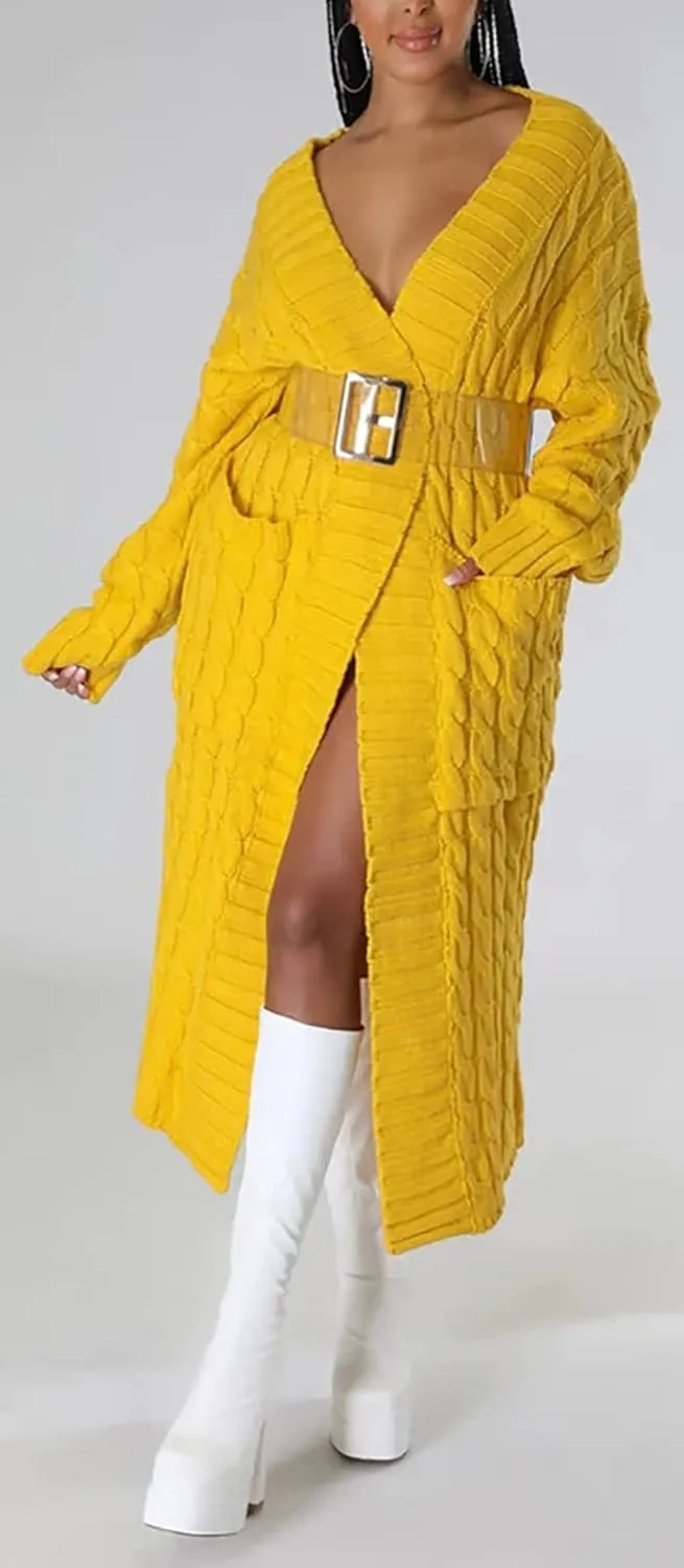 Women's Cable Knit Maxi Cardigan Long Cardigan Sweater Open Front Chunky Knitwear Coat with Pockets