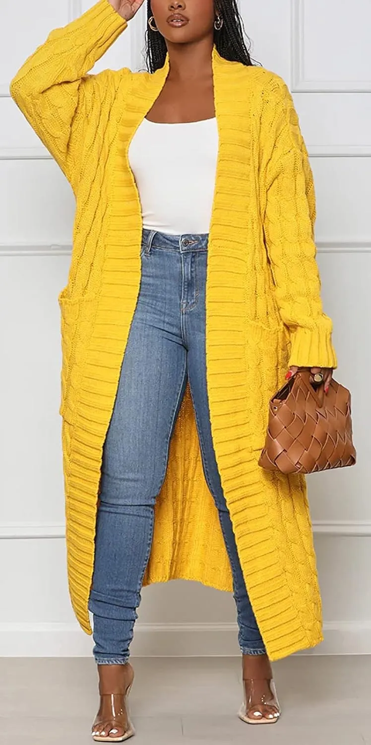Women's Cable Knit Maxi Cardigan Long Cardigan Sweater Open Front Chunky Knitwear Coat with Pockets
