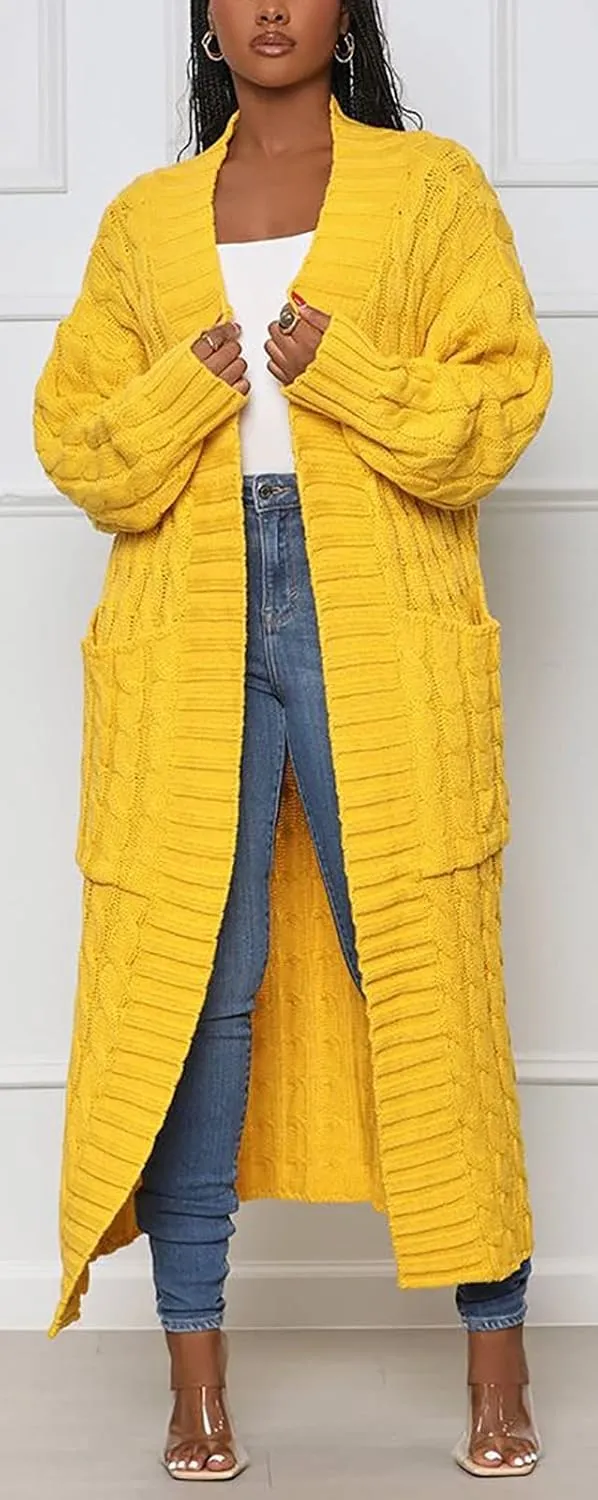 Women's Cable Knit Maxi Cardigan Long Cardigan Sweater Open Front Chunky Knitwear Coat with Pockets