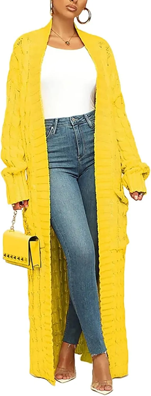 Women's Cable Knit Maxi Cardigan Long Cardigan Sweater Open Front Chunky Knitwear Coat with Pockets