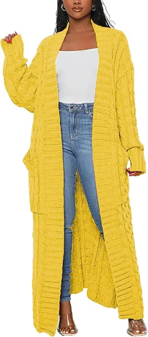 Women's Cable Knit Maxi Cardigan Long Cardigan Sweater Open Front Chunky Knitwear Coat with Pockets