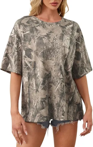 Womens Camo Shirt Maple Leaf Print Summer Tops Short Sleeve Oversized Crewneck T Shirts Loos Fit Graphic Tee
