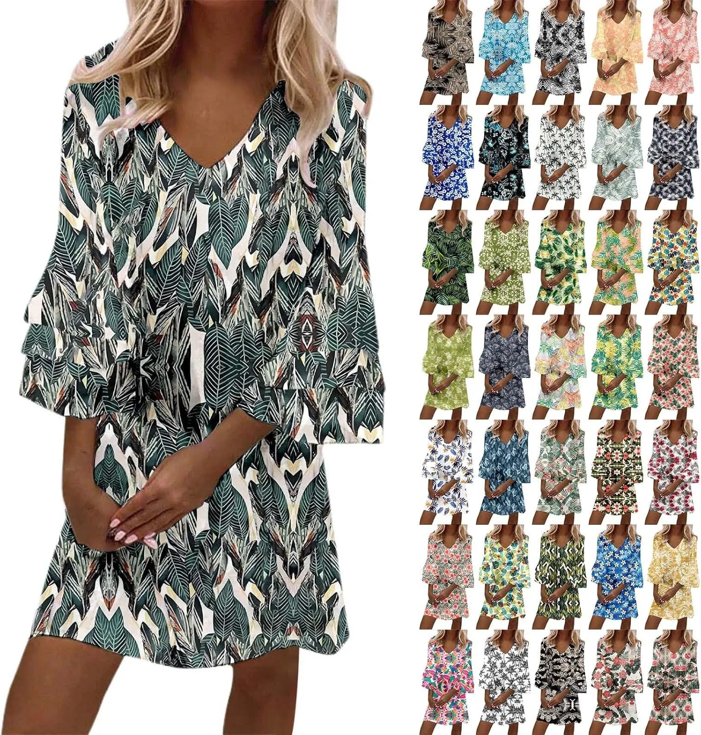Women's Casual Boho Floral Print Dress Loose V Neck 3/4 Wave Bell Sleeve Flowy Mini Beach Summer Dresses for Women