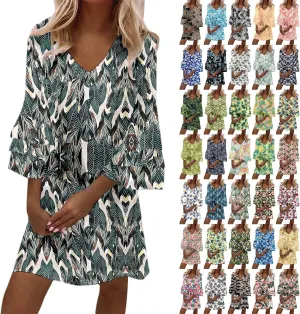 Women's Casual Boho Floral Print Dress Loose V Neck 3/4 Wave Bell Sleeve Flowy Mini Beach Summer Dresses for Women
