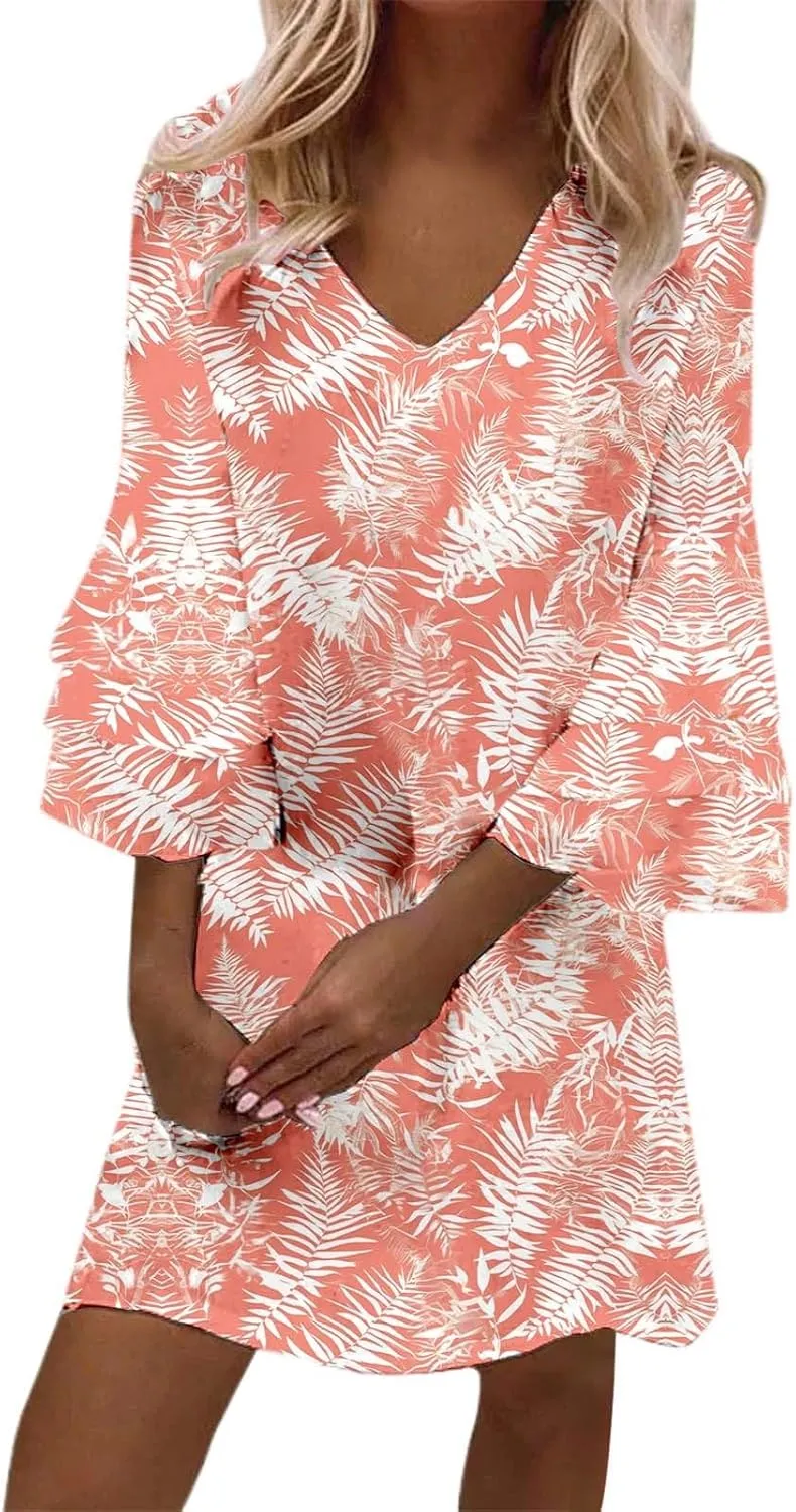 Women's Casual Boho Floral Print Dress Loose V Neck 3/4 Wave Bell Sleeve Flowy Mini Beach Summer Dresses for Women