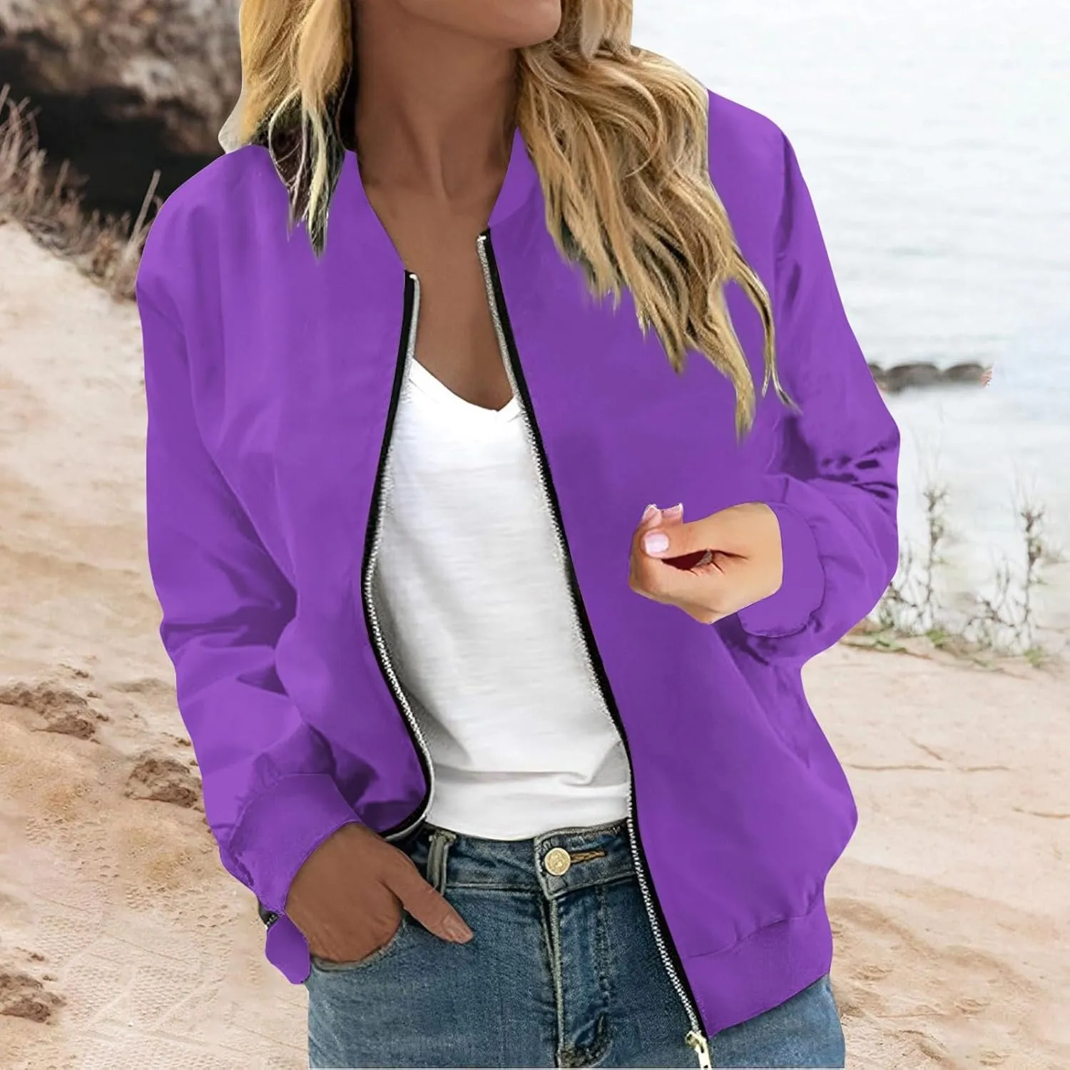 Women's Casual Floral Zip Up Bomber Jacket Spring Long Sleeve Coat Stand Collar Lightweight Short Outwear Tops