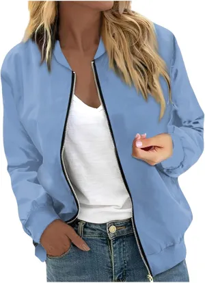 Women's Casual Floral Zip Up Bomber Jacket Spring Long Sleeve Coat Stand Collar Lightweight Short Outwear Tops
