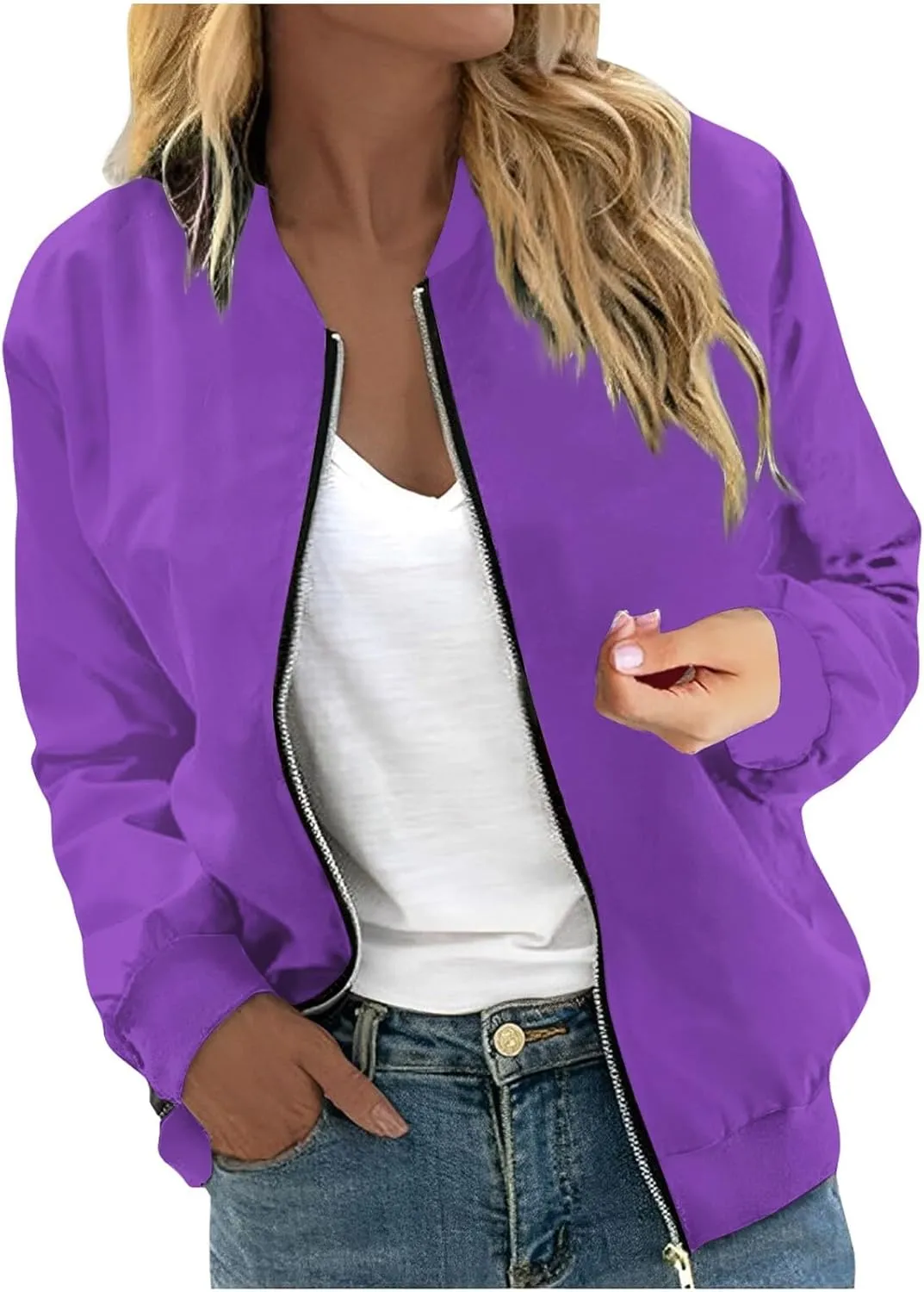 Women's Casual Floral Zip Up Bomber Jacket Spring Long Sleeve Coat Stand Collar Lightweight Short Outwear Tops