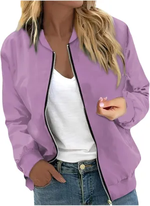 Women's Casual Floral Zip Up Bomber Jacket Spring Long Sleeve Coat Stand Collar Lightweight Short Outwear Tops