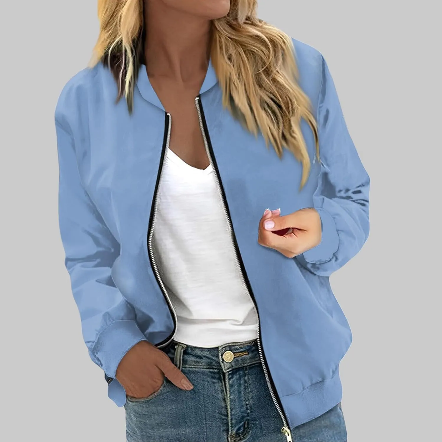 Women's Casual Floral Zip Up Bomber Jacket Spring Long Sleeve Coat Stand Collar Lightweight Short Outwear Tops