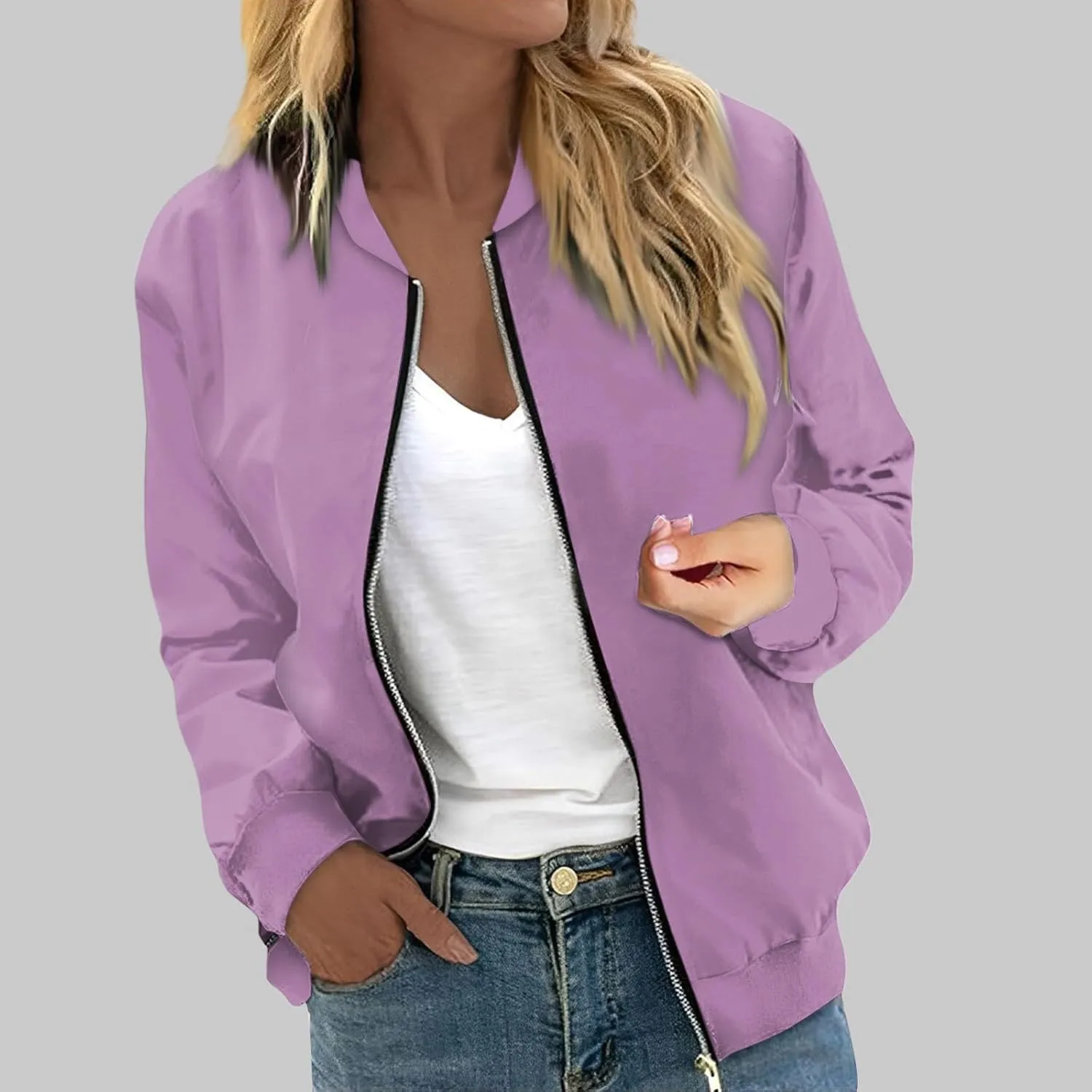 Women's Casual Floral Zip Up Bomber Jacket Spring Long Sleeve Coat Stand Collar Lightweight Short Outwear Tops