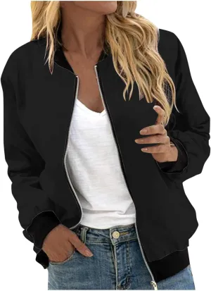 Women's Casual Floral Zip Up Bomber Jacket Spring Long Sleeve Coat Stand Collar Lightweight Short Outwear Tops