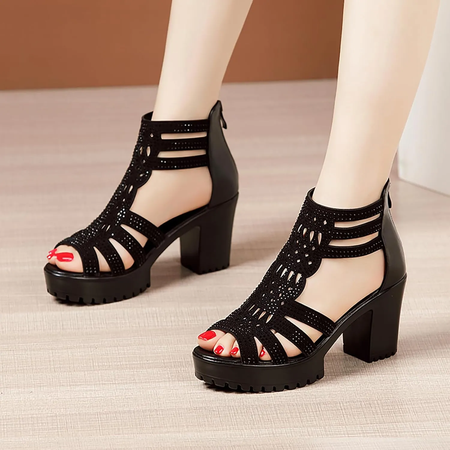 Womens Chunky High Heel Fish Mouth Gladiator Sandals Back Zipper Fashion Comfort Cutout Open Toe Non-Slip Rome High Heels Sandals for Beach Dressy Party Dress