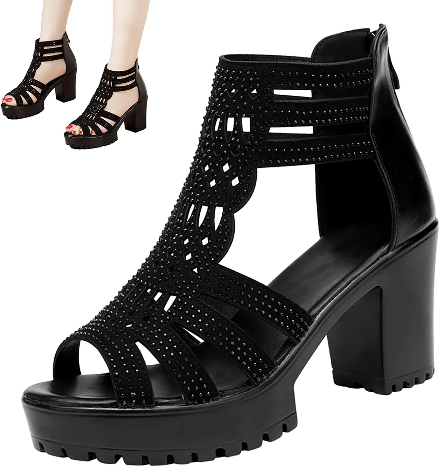 Womens Chunky High Heel Fish Mouth Gladiator Sandals Back Zipper Fashion Comfort Cutout Open Toe Non-Slip Rome High Heels Sandals for Beach Dressy Party Dress