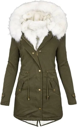 Womens Coats Plus Size Overcoats with Fur Hood Fleece Chunky Jackets Zipper Button Outerwear Winter Warm Jackets
