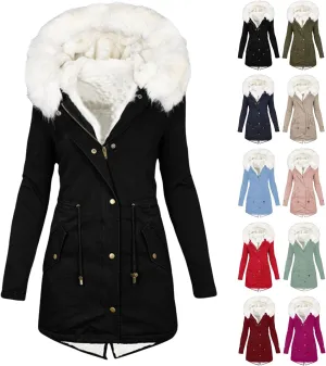 Womens Coats Plus Size Overcoats with Fur Hood Fleece Chunky Jackets Zipper Button Outerwear Winter Warm Jackets