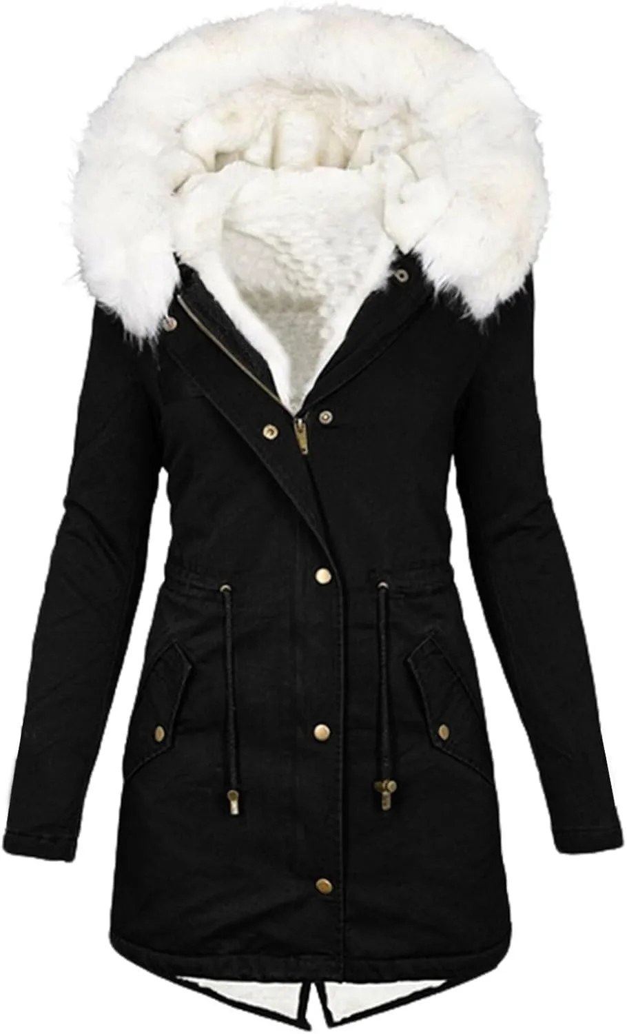Womens Coats Plus Size Overcoats with Fur Hood Fleece Chunky Jackets Zipper Button Outerwear Winter Warm Jackets