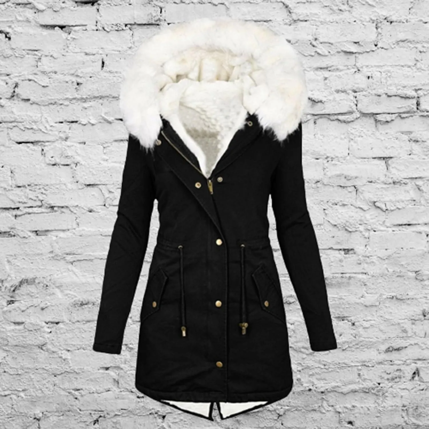 Womens Coats Plus Size Overcoats with Fur Hood Fleece Chunky Jackets Zipper Button Outerwear Winter Warm Jackets
