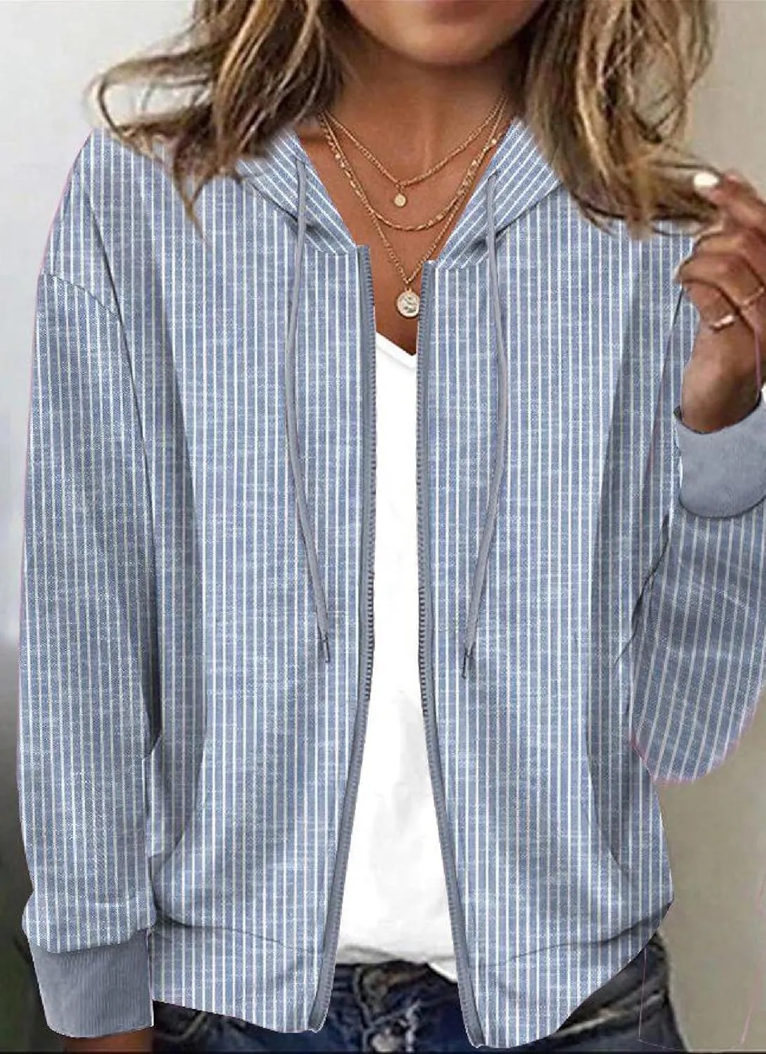 Womens Comfy Striped Long Sleeve Zip Up Oversized Casual Hoodies Sweatshirt Jackets Blue Outerwear