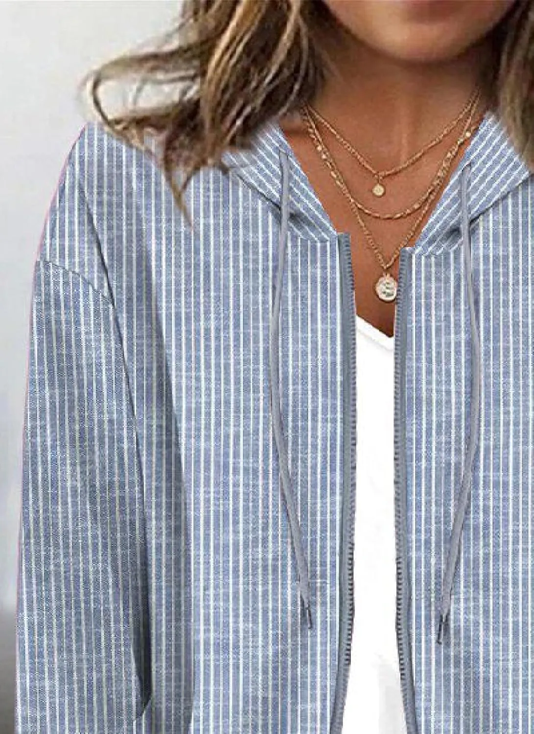 Womens Comfy Striped Long Sleeve Zip Up Oversized Casual Hoodies Sweatshirt Jackets Blue Outerwear
