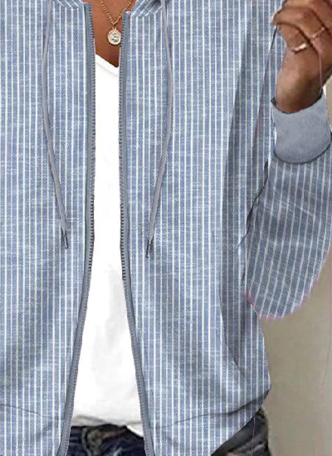 Womens Comfy Striped Long Sleeve Zip Up Oversized Casual Hoodies Sweatshirt Jackets Blue Outerwear