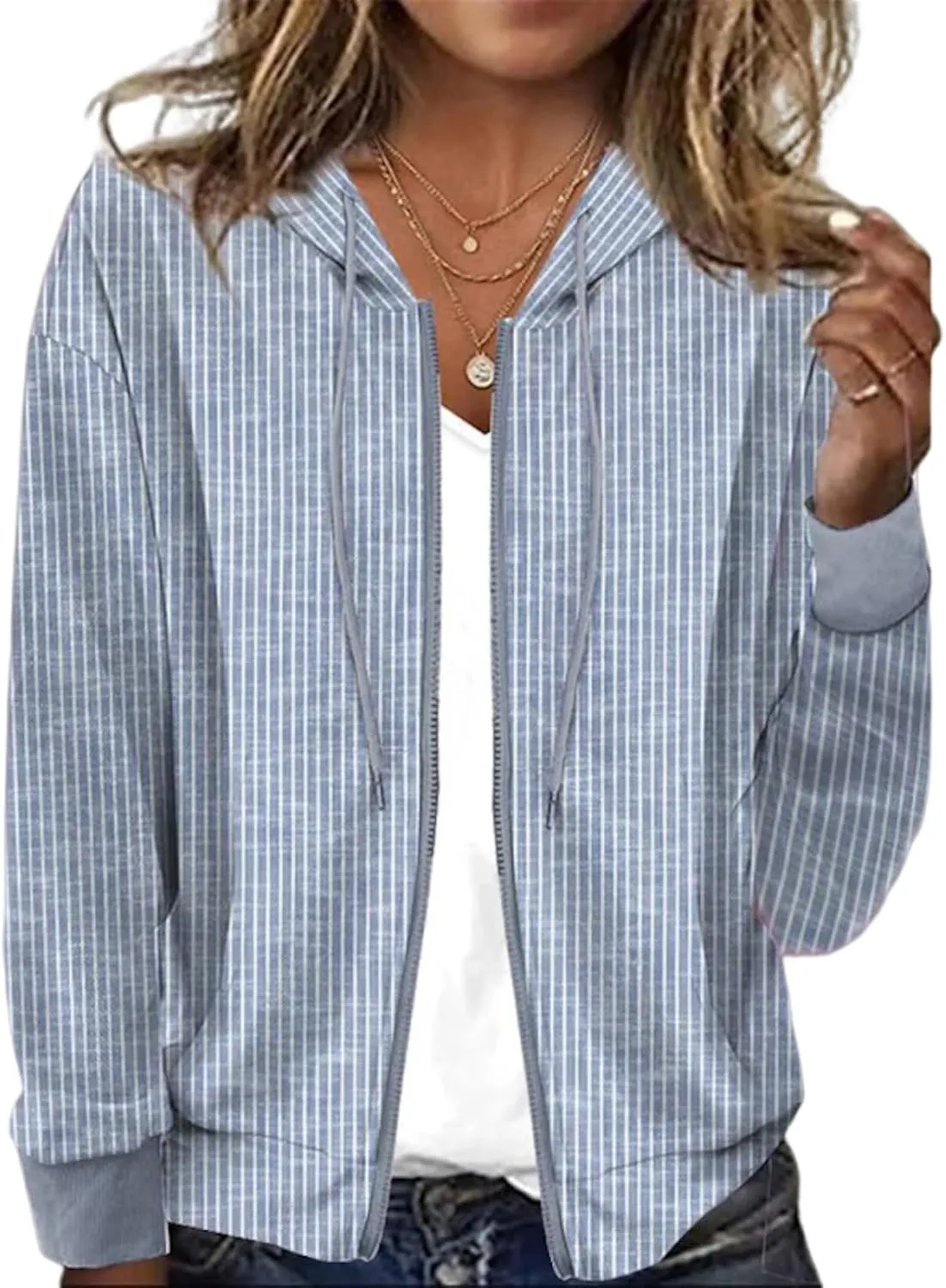 Womens Comfy Striped Long Sleeve Zip Up Oversized Casual Hoodies Sweatshirt Jackets Blue Outerwear