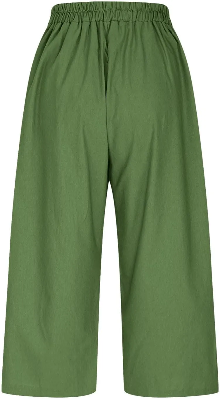 Womens Cotton Linen Capri Trousers Elasticated Waist Cropped Pants 3/4 Trouser Summer Drawstring Sweatpants