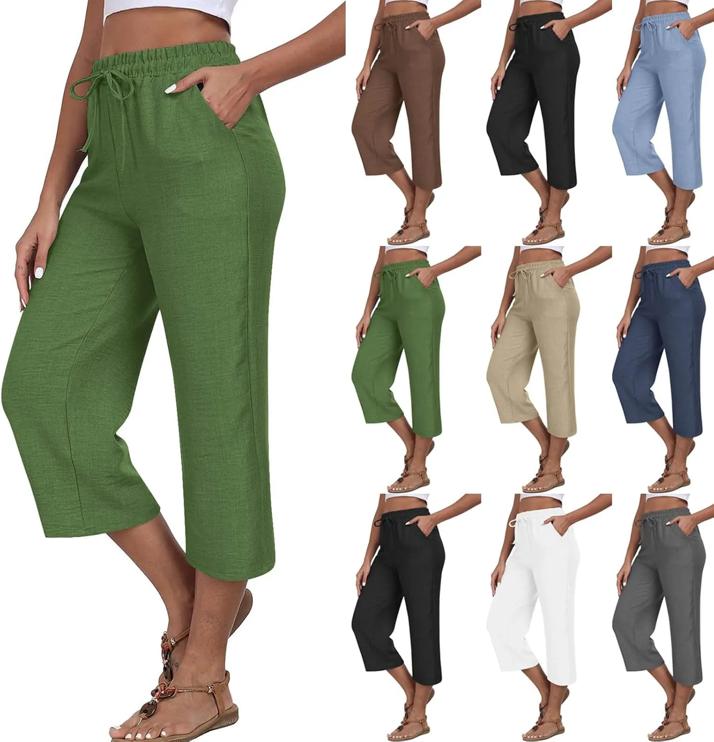 Womens Cotton Linen Capri Trousers Elasticated Waist Cropped Pants 3/4 Trouser Summer Drawstring Sweatpants