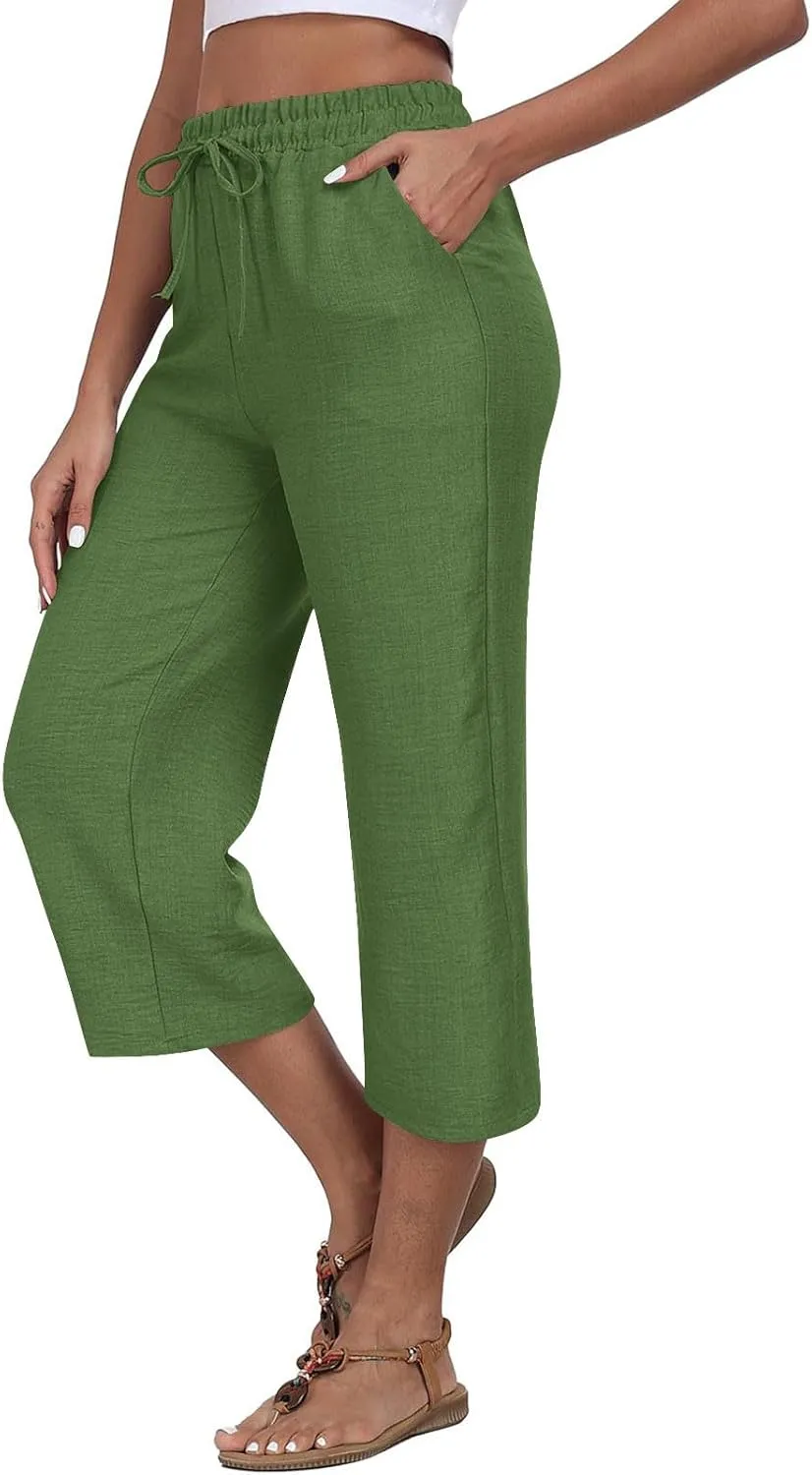 Womens Cotton Linen Capri Trousers Elasticated Waist Cropped Pants 3/4 Trouser Summer Drawstring Sweatpants