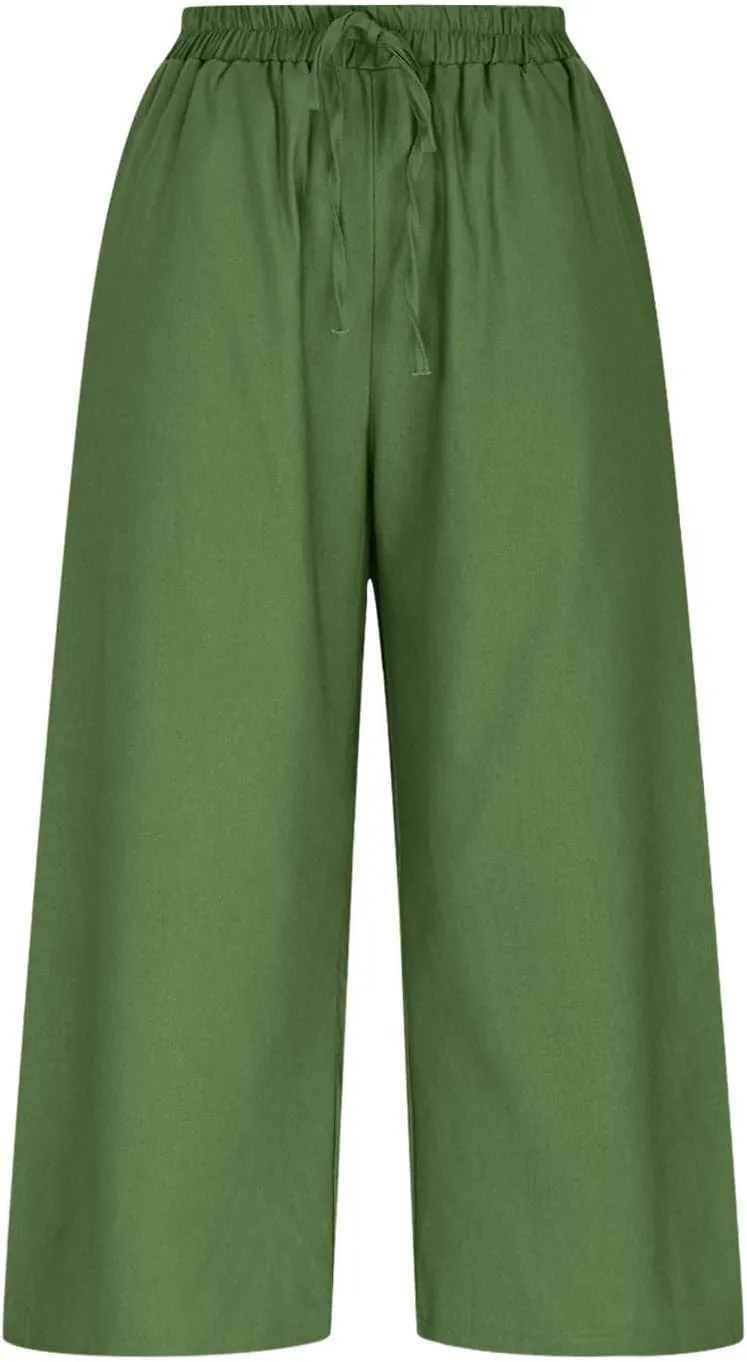 Womens Cotton Linen Capri Trousers Elasticated Waist Cropped Pants 3/4 Trouser Summer Drawstring Sweatpants