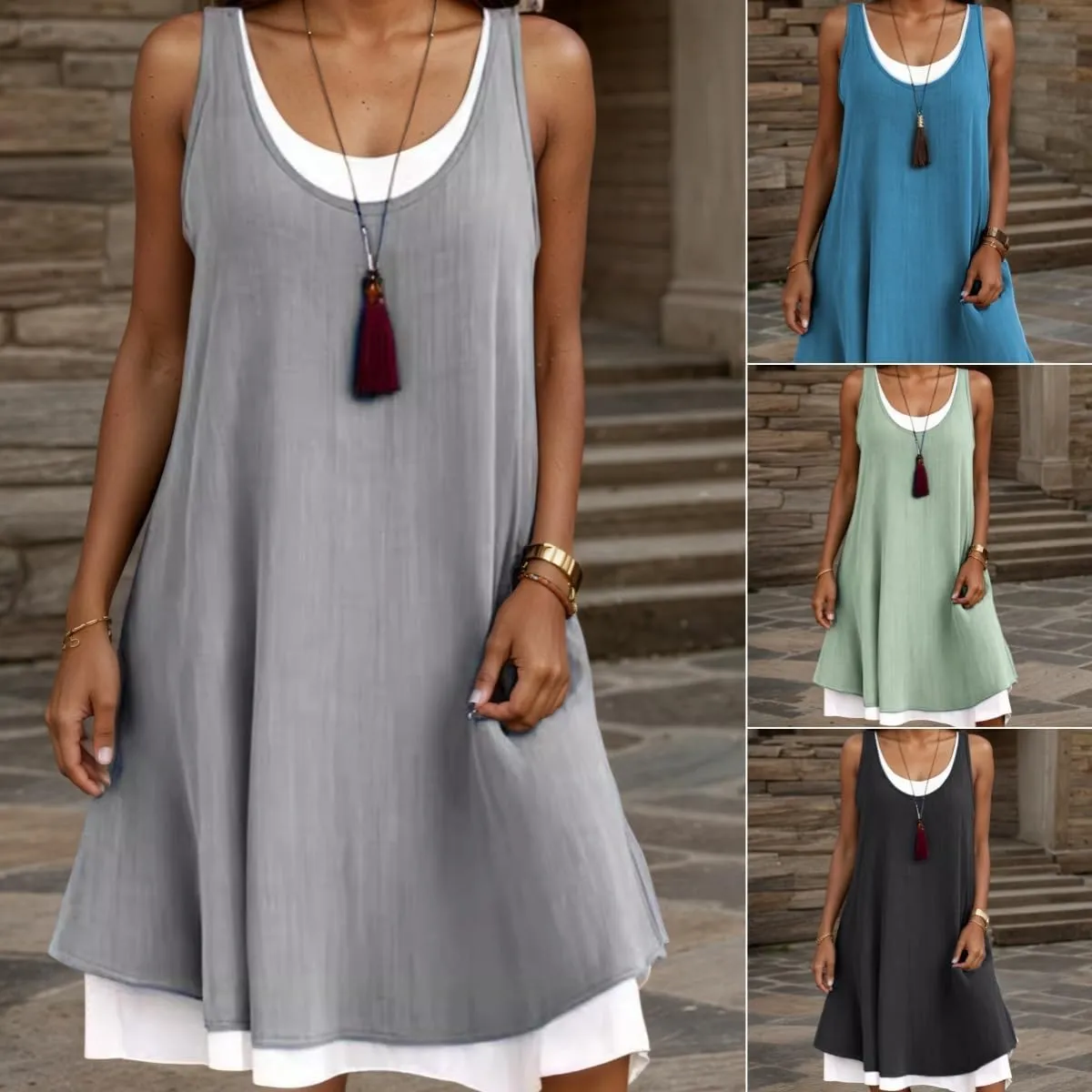Women's Cotton Linen Midi Dress Casual Loose Sleeveless Shift Tank Dress Summer Beach Tshirt Sundresses