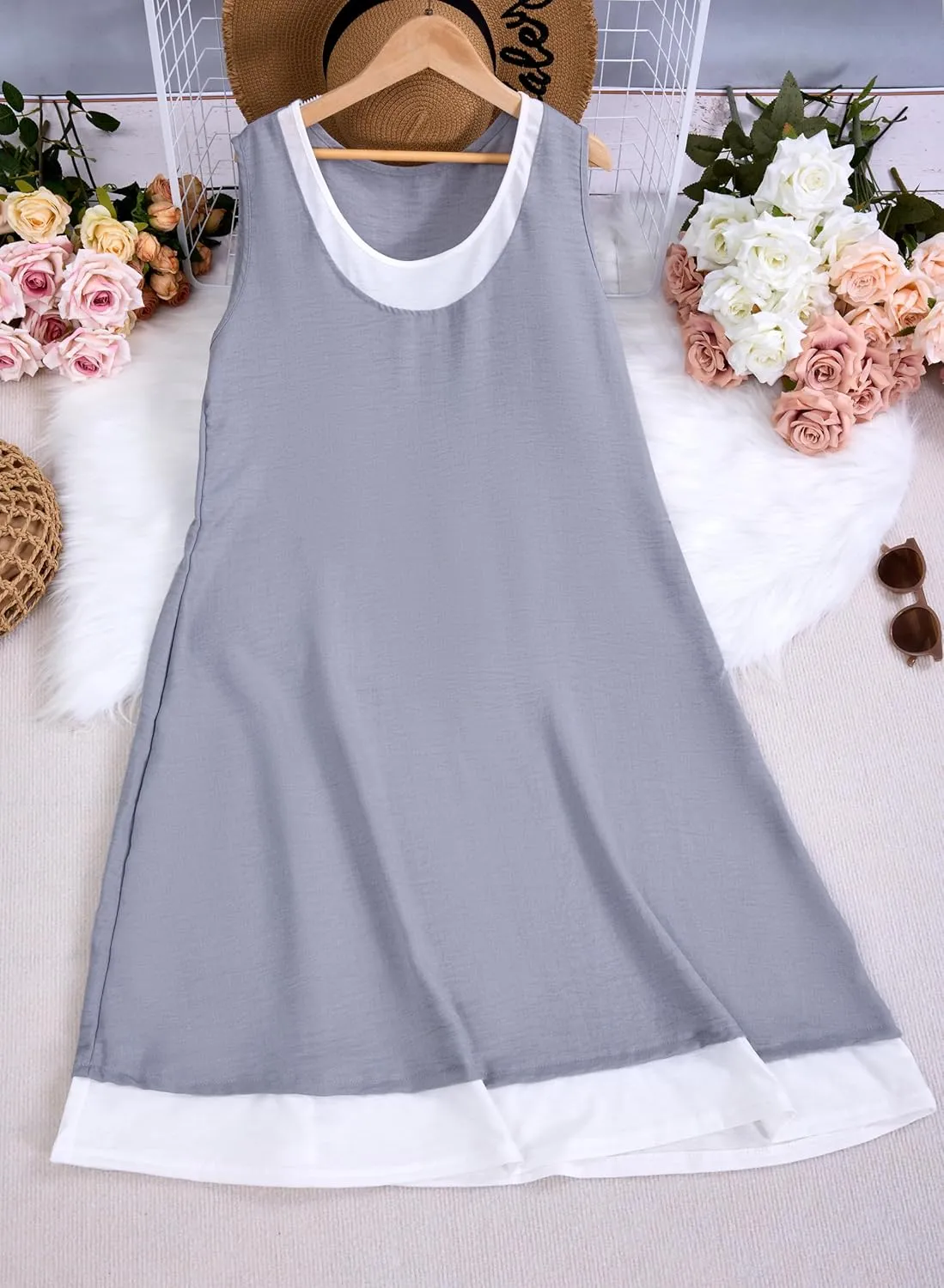 Women's Cotton Linen Midi Dress Casual Loose Sleeveless Shift Tank Dress Summer Beach Tshirt Sundresses