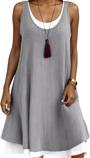 Women's Cotton Linen Midi Dress Casual Loose Sleeveless Shift Tank Dress Summer Beach Tshirt Sundresses