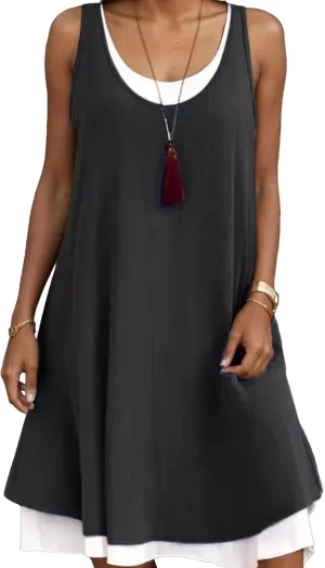 Women's Cotton Linen Midi Dress Casual Loose Sleeveless Shift Tank Dress Summer Beach Tshirt Sundresses