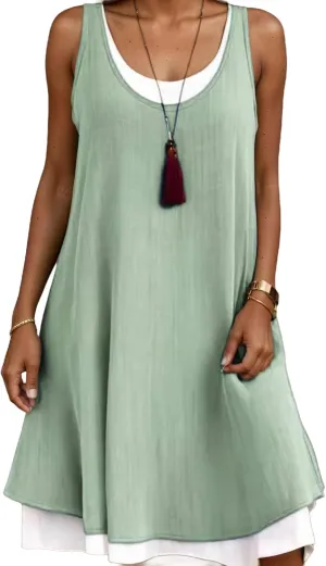Women's Cotton Linen Midi Dress Casual Loose Sleeveless Shift Tank Dress Summer Beach Tshirt Sundresses