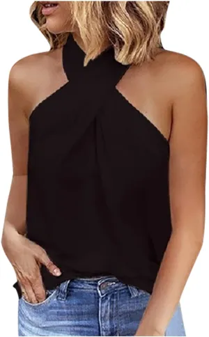 Womens Criss Cross Halter Tops Summer Sleeveless Sexy Casual Lightweight Tank Top Backless Trendy Cami Blouses