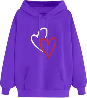Women's Drawstring Hoodie Long Sleeve Heart Print Cute Pullovers Tops Trendy Kangaroo Pocket Casual Sweatshirt