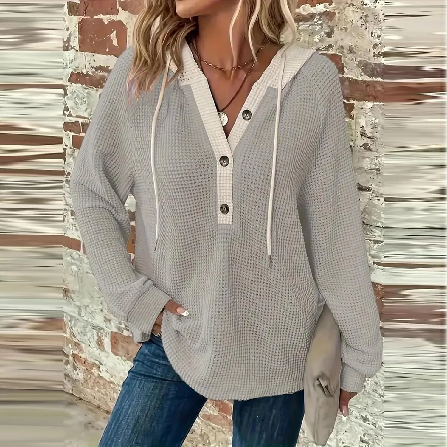 Womens Fall Fashion 2025 Oversized Waffle Knit Hoodies Casual Drawstring Hooded Sweatshirt Button V Neck Sweater