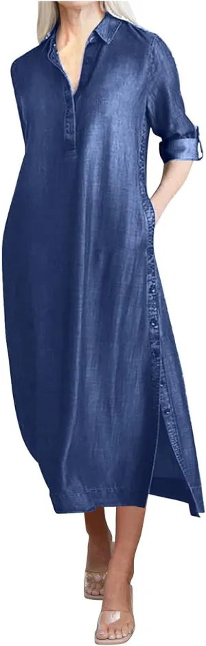 Women's Fashion Denim Dress New Shirt Collar Denim Button Long Skirt Outfit Plus Size Denim Dresses Summer Casual Shirt Dress