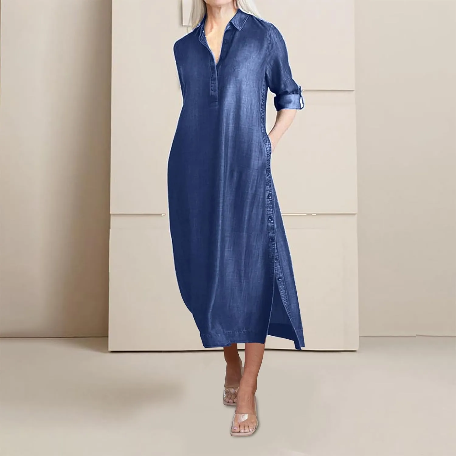 Women's Fashion Denim Dress New Shirt Collar Denim Button Long Skirt Outfit Plus Size Denim Dresses Summer Casual Shirt Dress