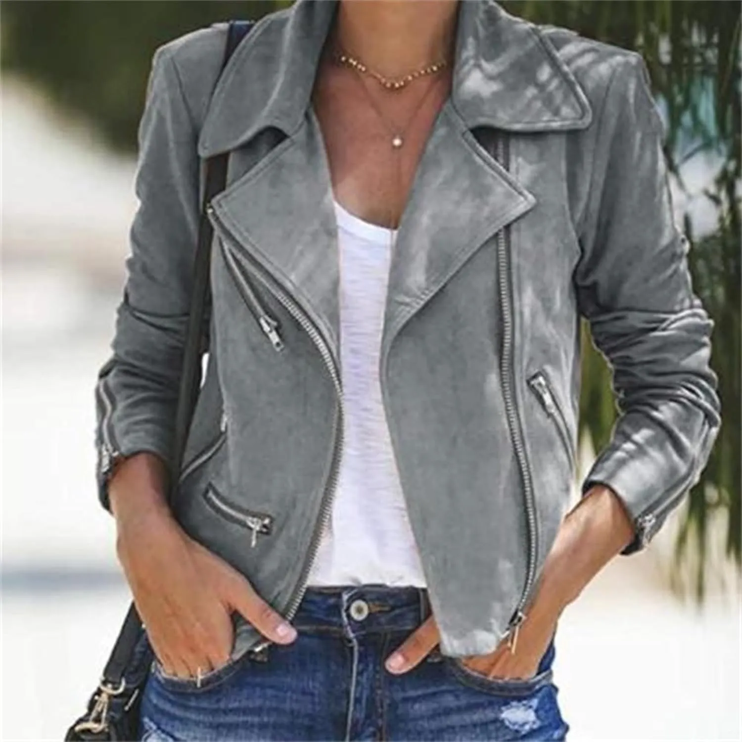 Women's Faux Suede Leather Jackets Casual Slim Fit Motorcycle Jackets Zipper Long Sleeve Cropped Coat with Pockets