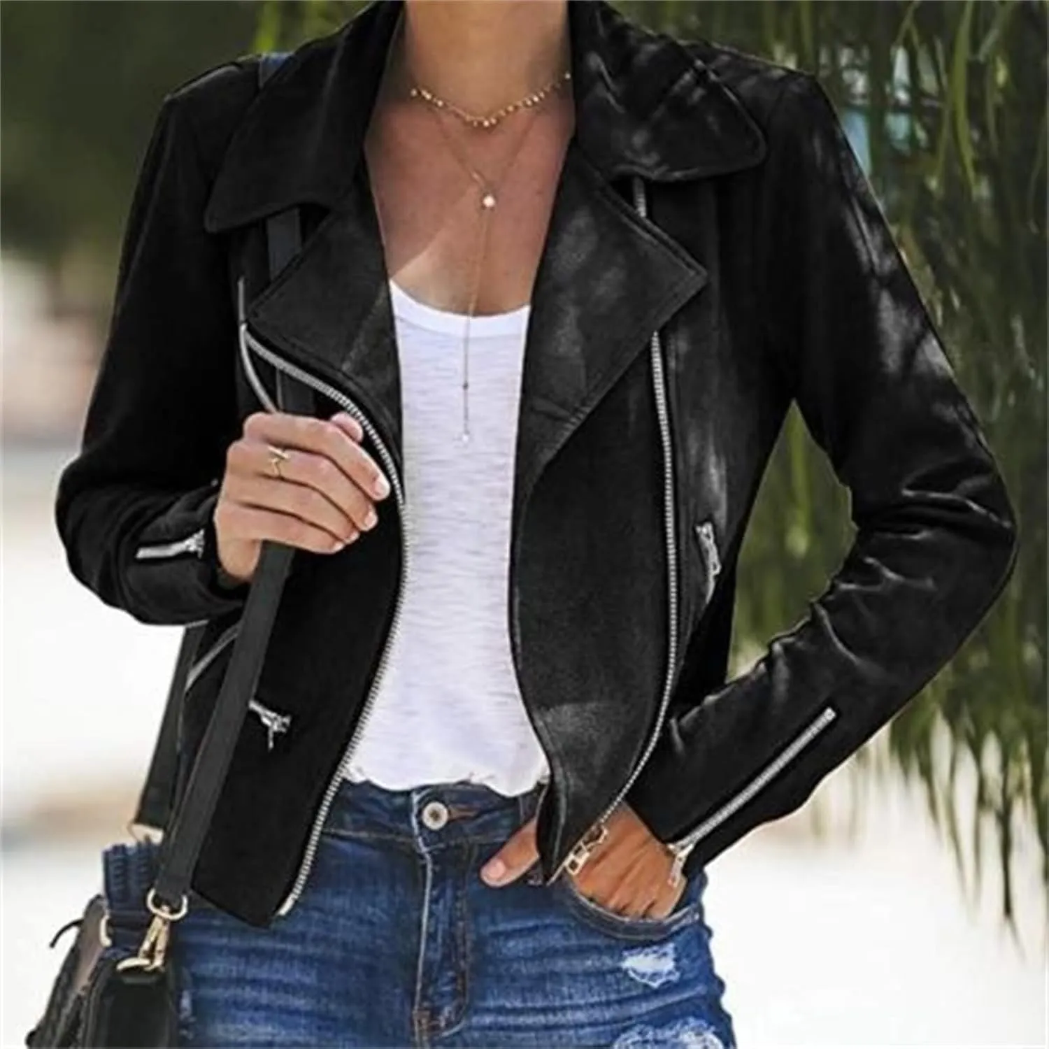 Women's Faux Suede Leather Jackets Casual Slim Fit Motorcycle Jackets Zipper Long Sleeve Cropped Coat with Pockets