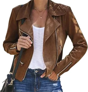 Women's Faux Suede Leather Jackets Casual Slim Fit Motorcycle Jackets Zipper Long Sleeve Cropped Coat with Pockets