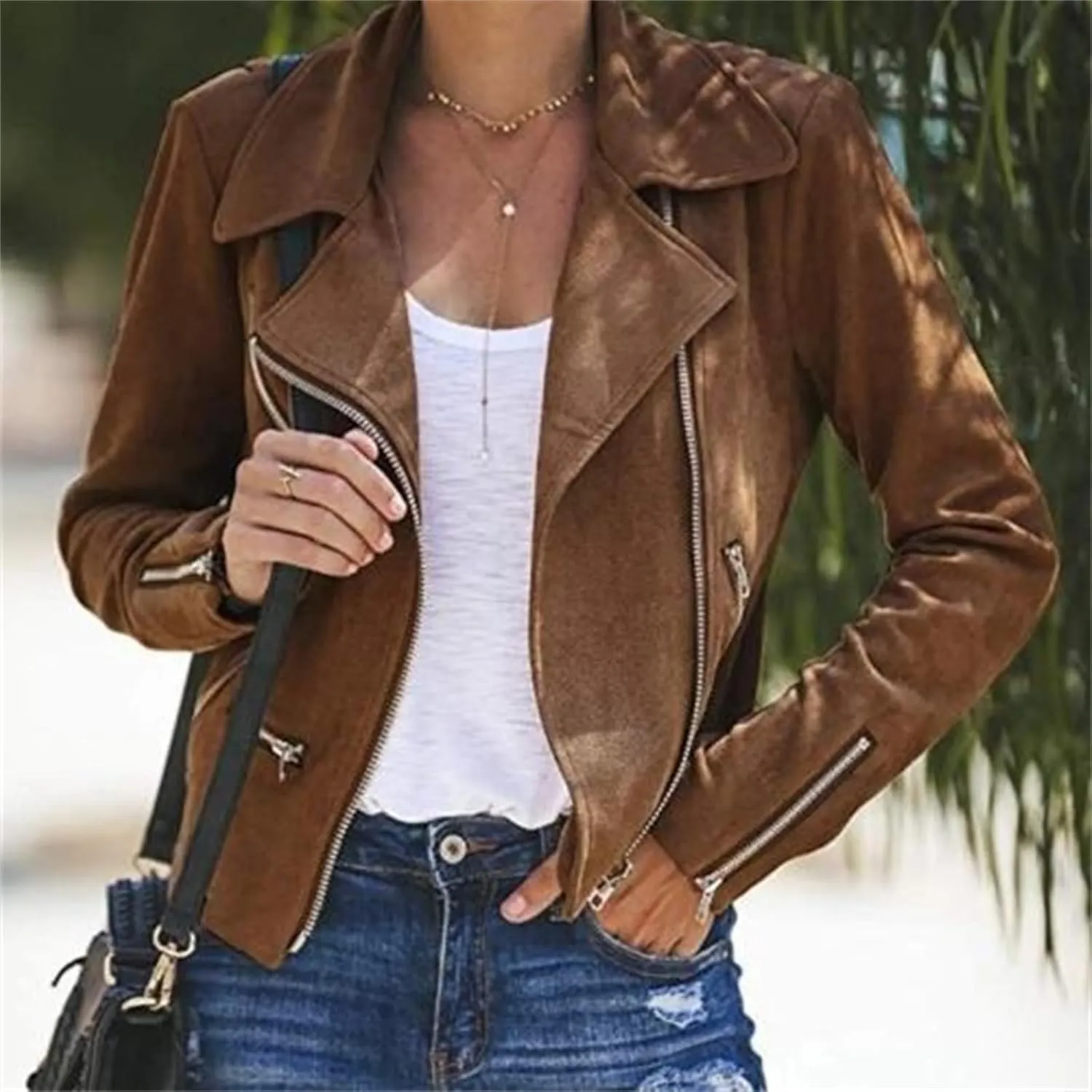 Women's Faux Suede Leather Jackets Casual Slim Fit Motorcycle Jackets Zipper Long Sleeve Cropped Coat with Pockets