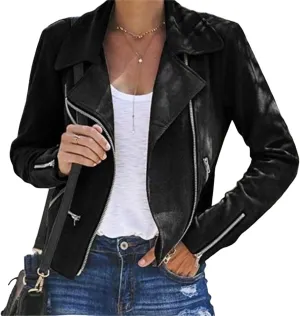 Women's Faux Suede Leather Jackets Casual Slim Fit Motorcycle Jackets Zipper Long Sleeve Cropped Coat with Pockets