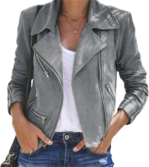 Women's Faux Suede Leather Jackets Casual Slim Fit Motorcycle Jackets Zipper Long Sleeve Cropped Coat with Pockets