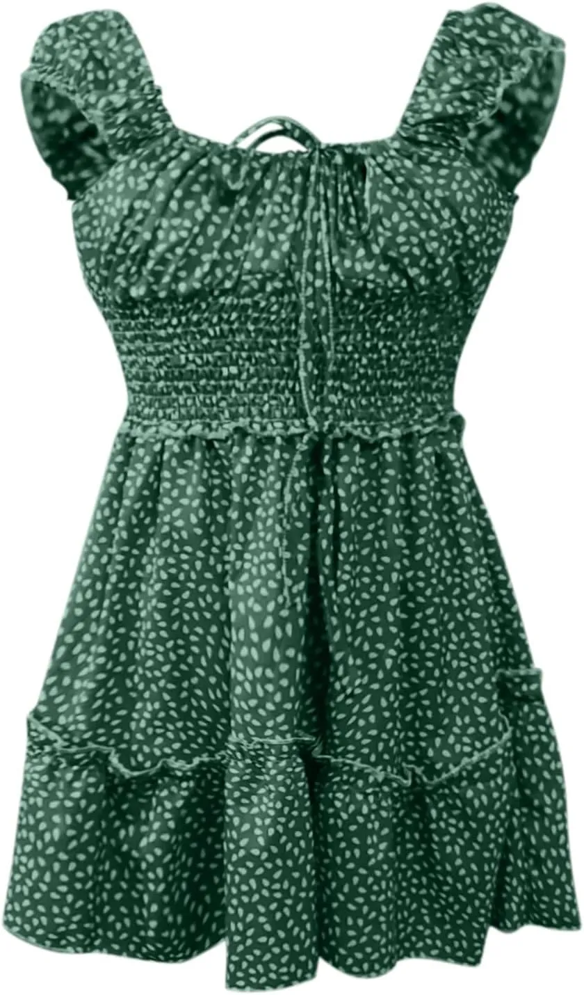Women's Floral Smocked Tiered Ruffle Dress Pleated High Waist Sweetheart Neckline Mini Dresses Short Sundress