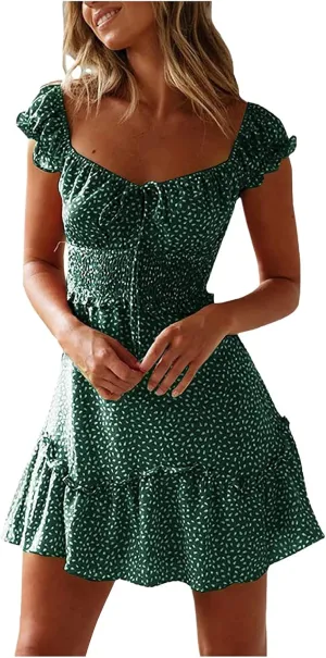 Women's Floral Smocked Tiered Ruffle Dress Pleated High Waist Sweetheart Neckline Mini Dresses Short Sundress